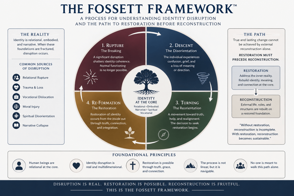 The Fossett Framework model of identity disruption, restoration before reconstruction, rupture, descent, turning, and re-formation.